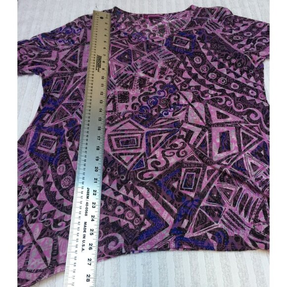 Tianello Women 3/4 Sleeve Tunic Top Large Lightweight Hanky Hem Geometric Purple - Picture 9 of 9